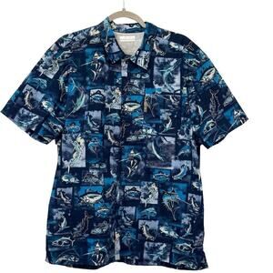 Columbia PFG Men's Blue Fish Graphic Print‎ Short Sleeve Button-Up Shirt Size M